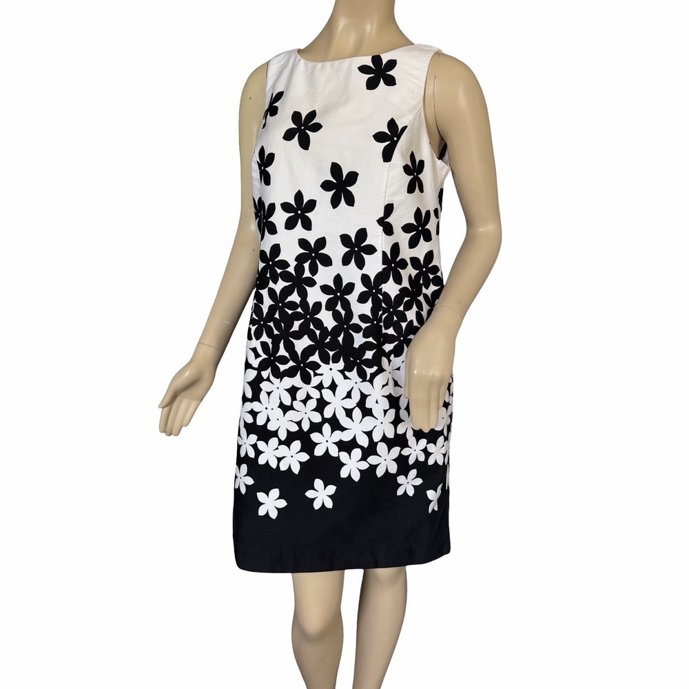 Madison Leigh‎ Mod Floral Dress Sz 10P Black White Office Casual 60's Retro Chic